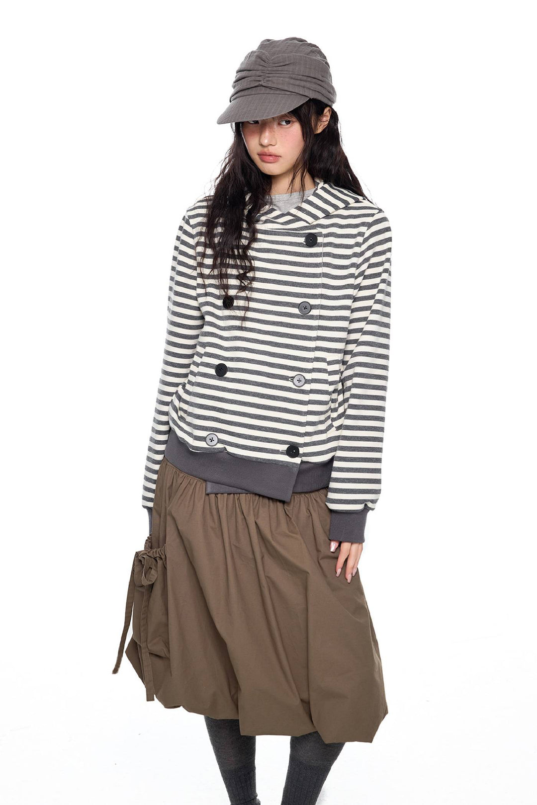 Striped Hooded Button Jacket