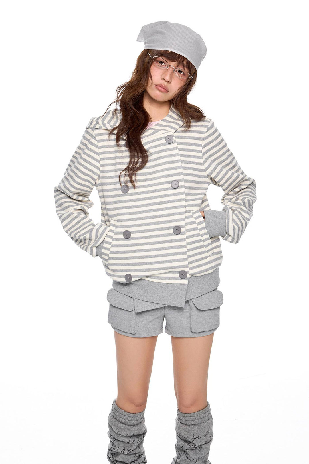 Striped Hooded Button Jacket