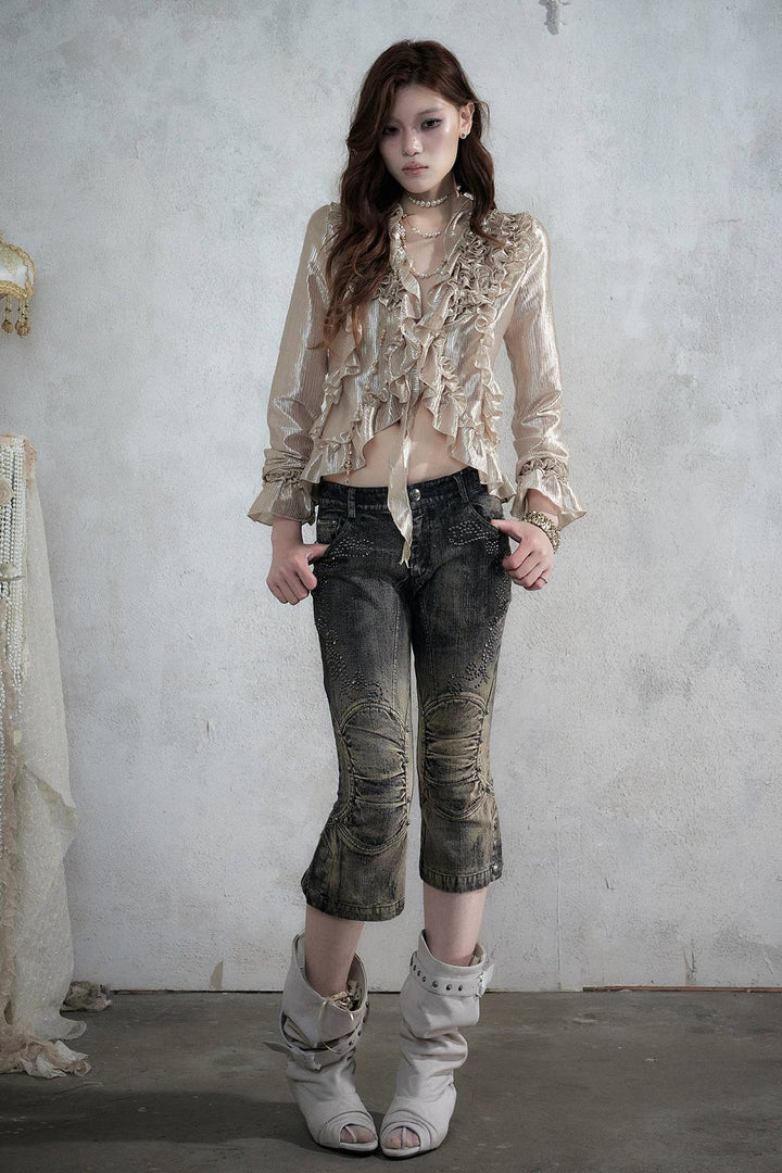 Distressed Stud Capri Jeans