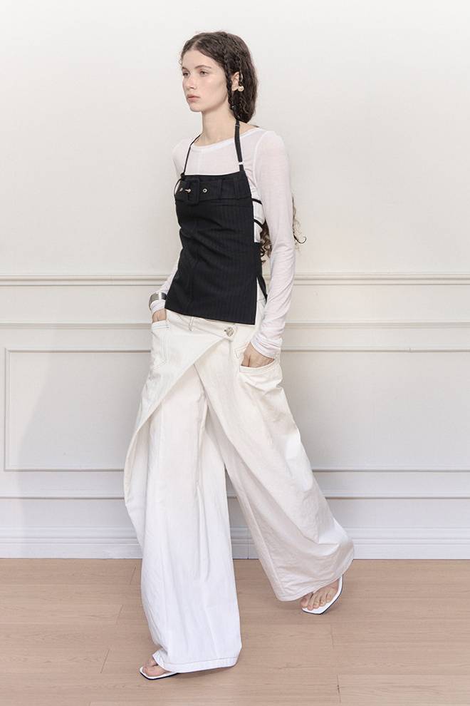 Wrap Panel Wide Denim Pants