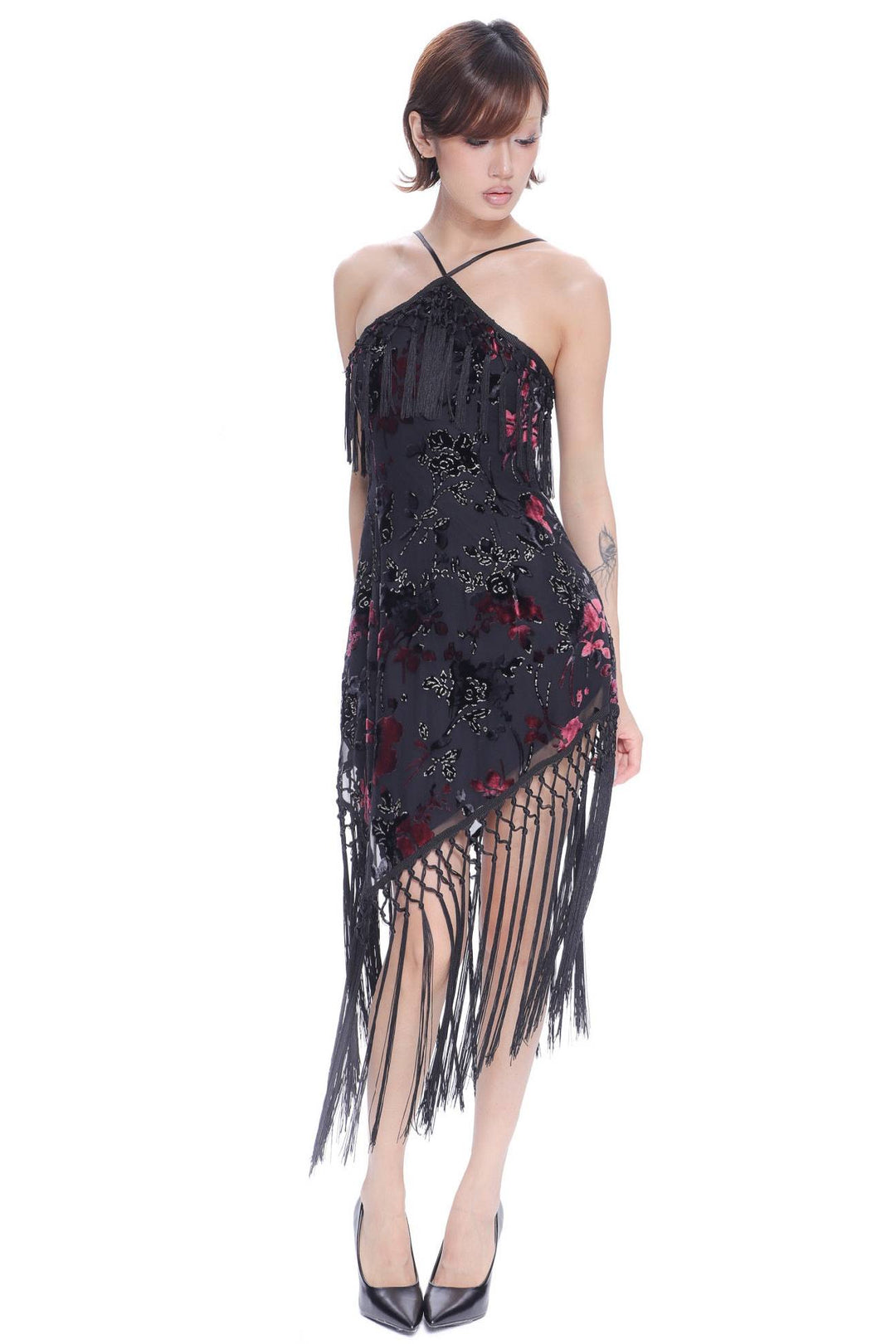 Floral Fringe Halter Dress
