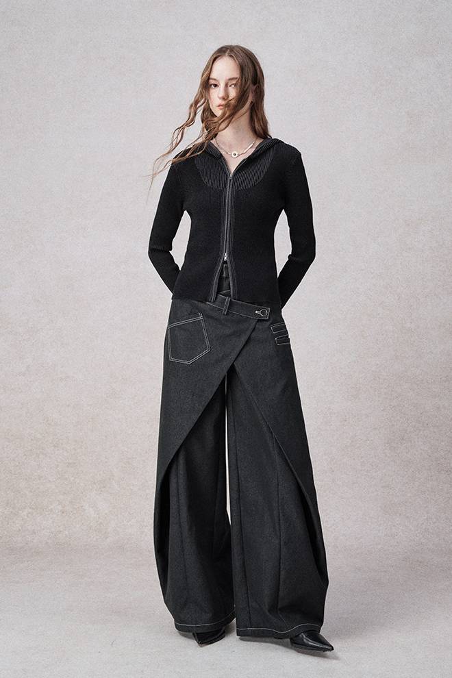Wrap Panel Wide Denim Pants