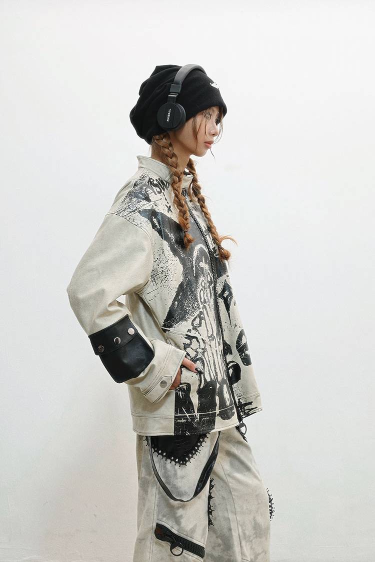 Distressed Graphic Zip Jacket
