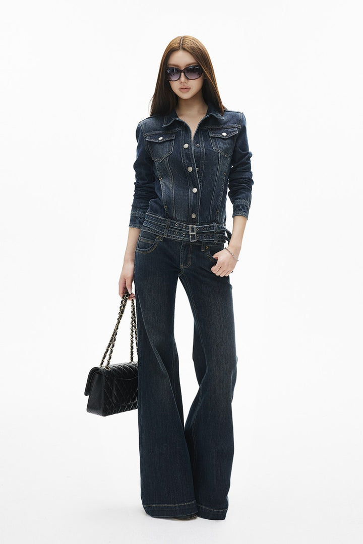 Vintage Double-Belt Denim Jacket