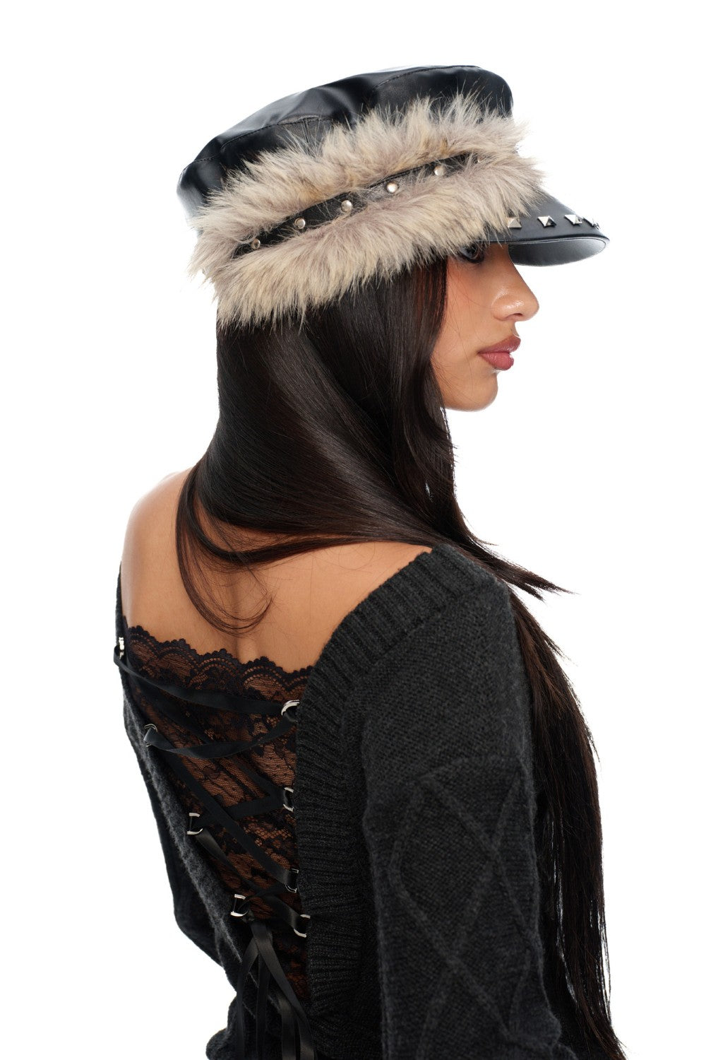 Studded Leather Newsboy Cap
