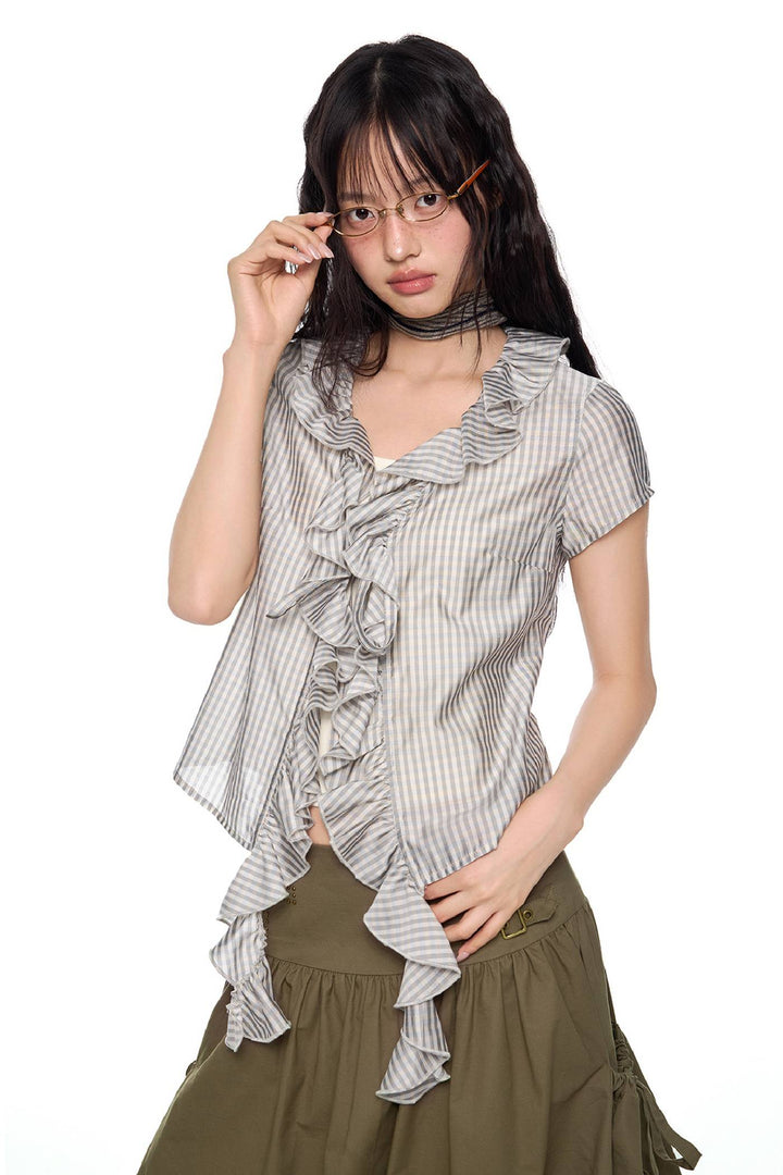 Fitted Ruffle Check Top