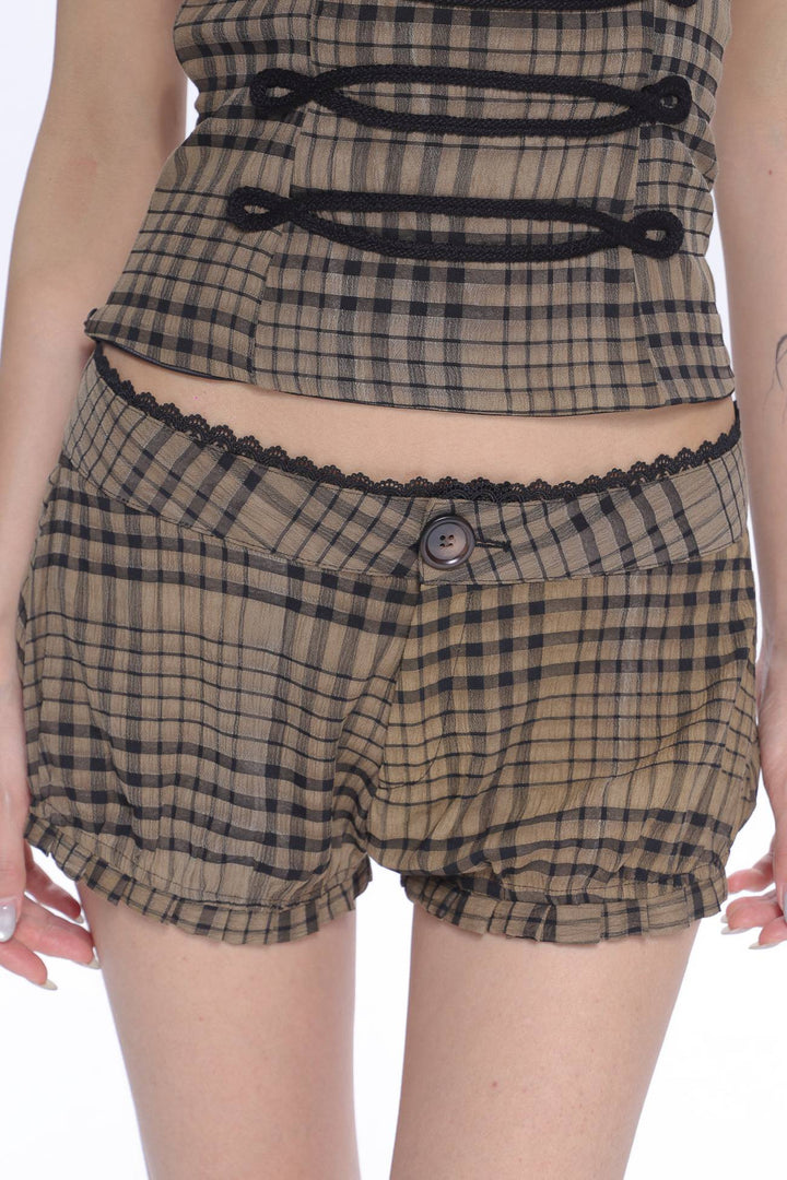 Camel Plaid Mini Shorts