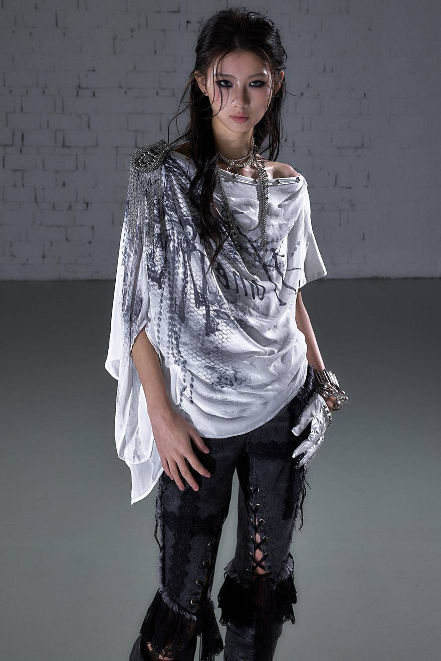 Draped Graphic Chiffon Top
