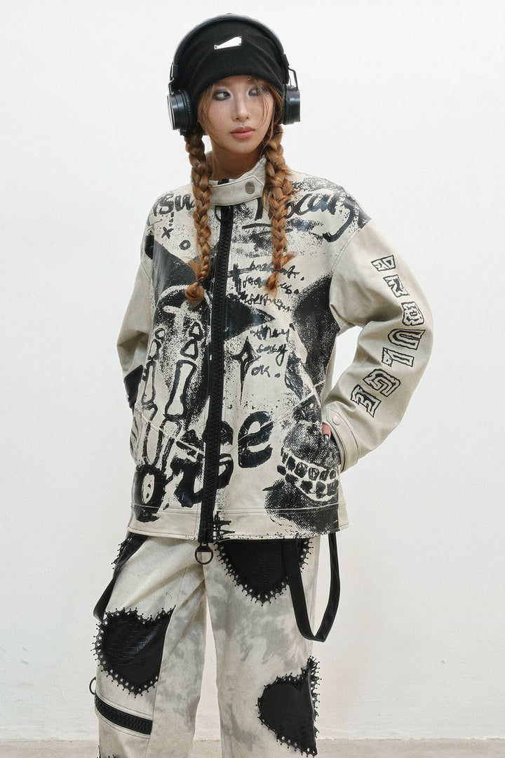 Distressed Graphic Zip Jacket
