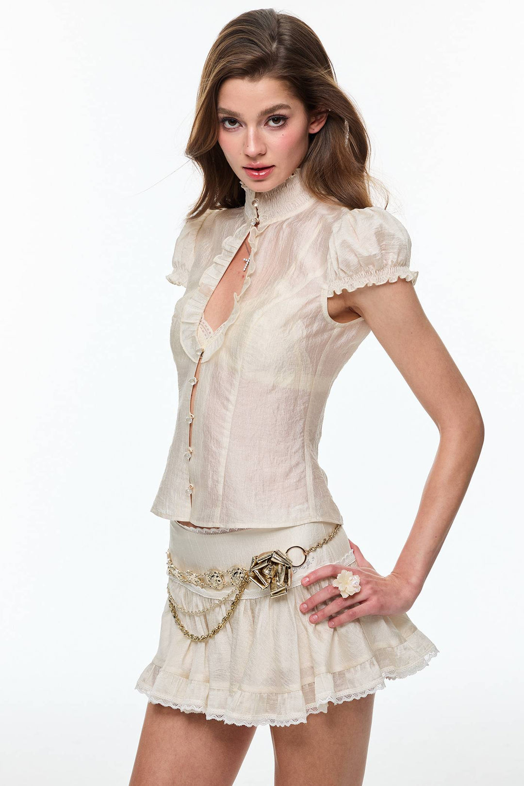 Sheer Ruffle Keyhole Top