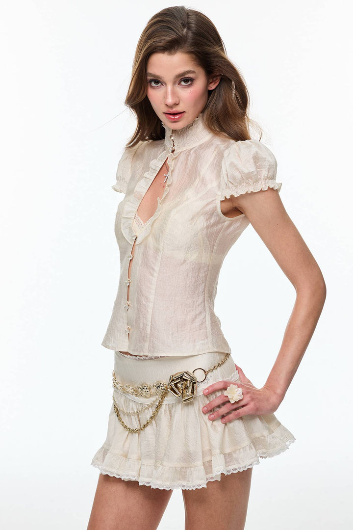 Sheer Ruffle Keyhole Top