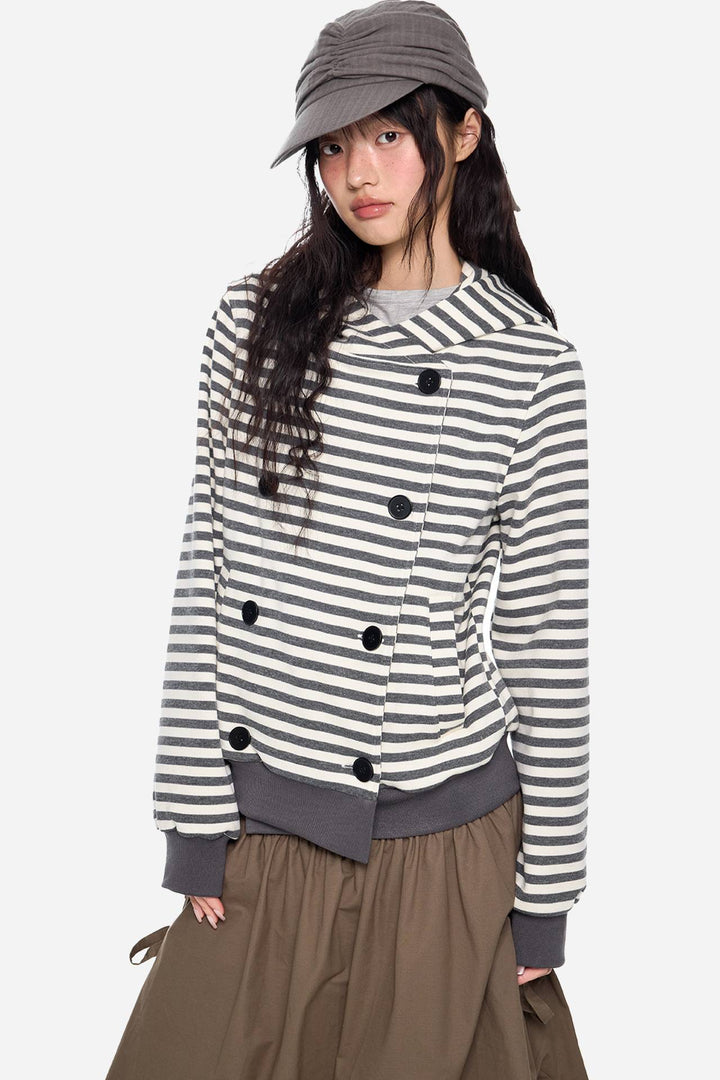 Striped Hooded Button Jacket