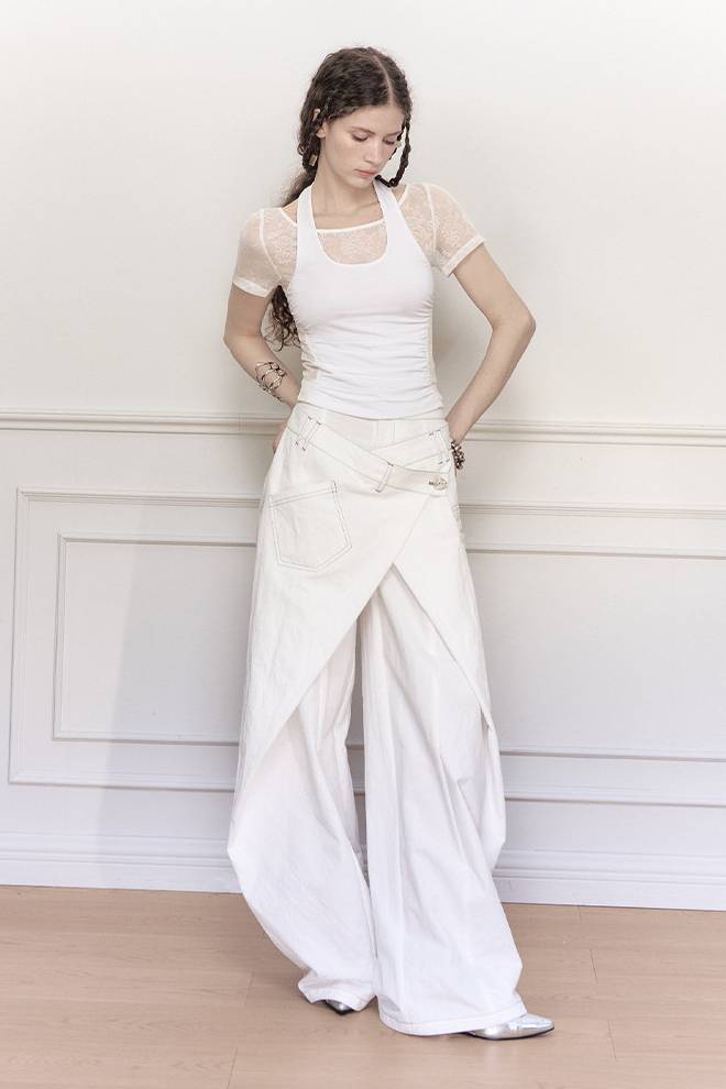Wrap Panel Wide Denim Pants