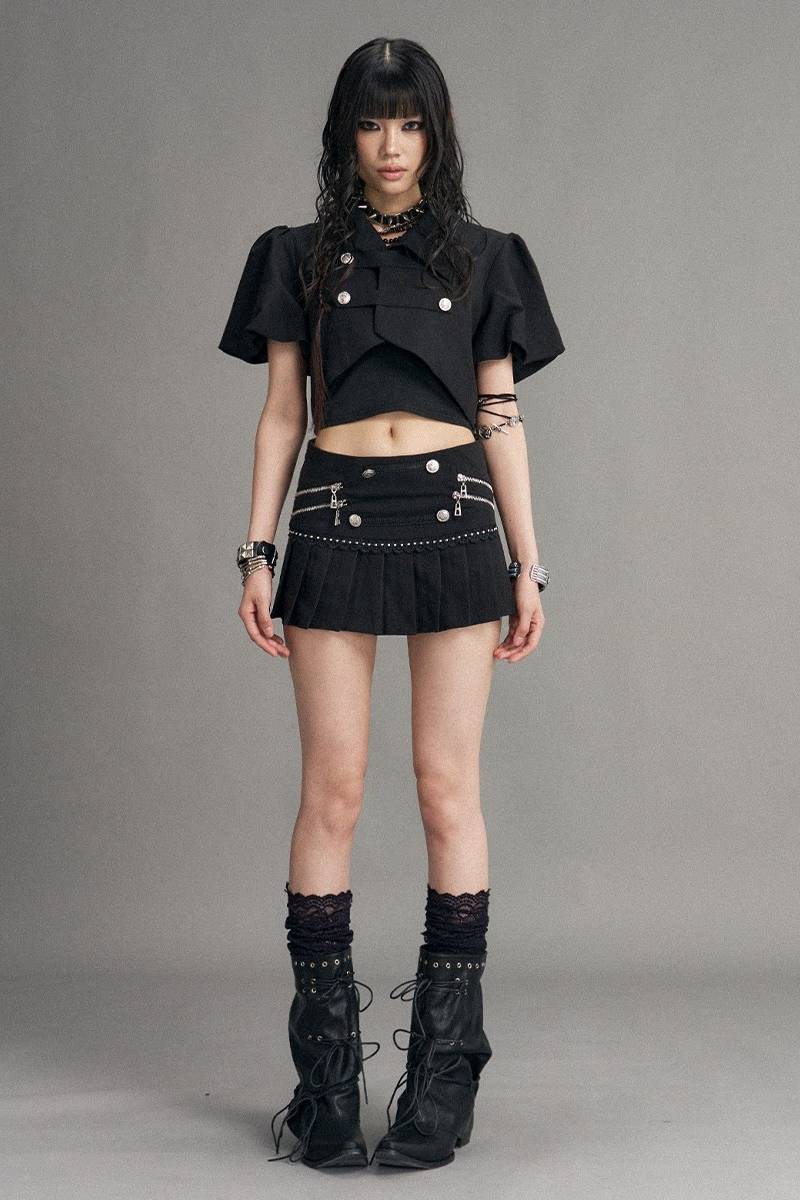 Zip Detail Pleated Mini Skirt