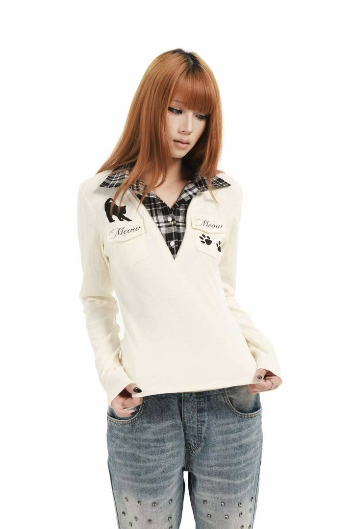 Plaid Collar Graphic Top