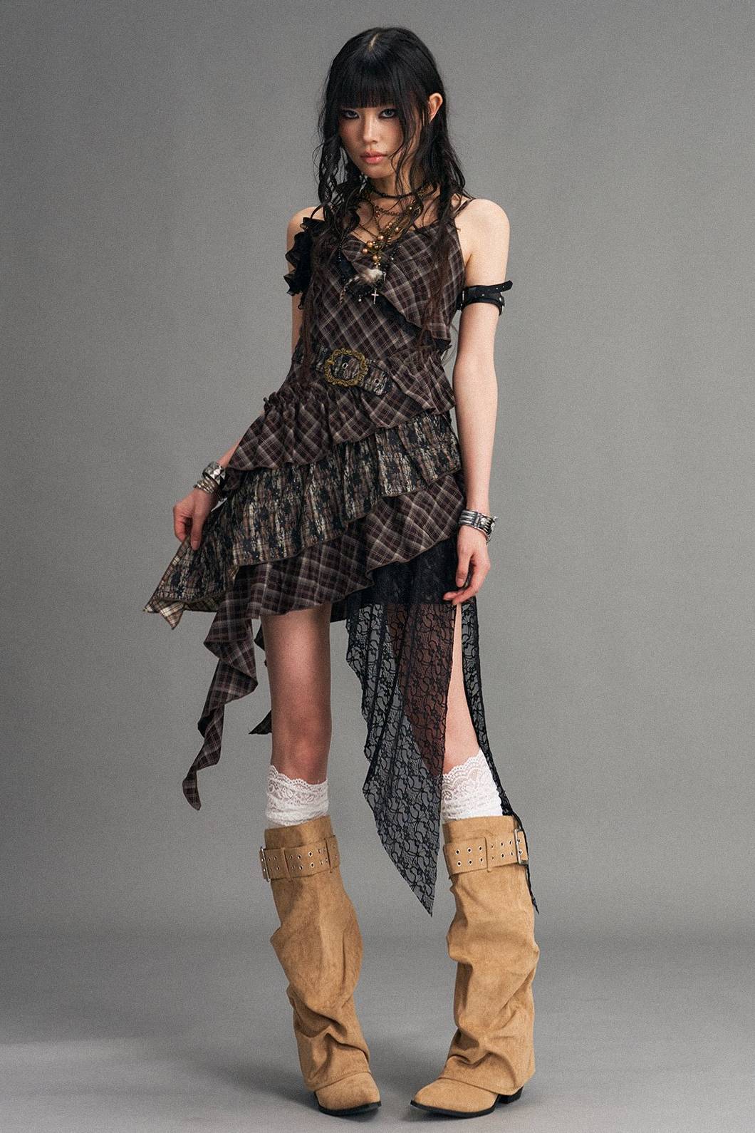 Asymmetric Plaid Mini Dress