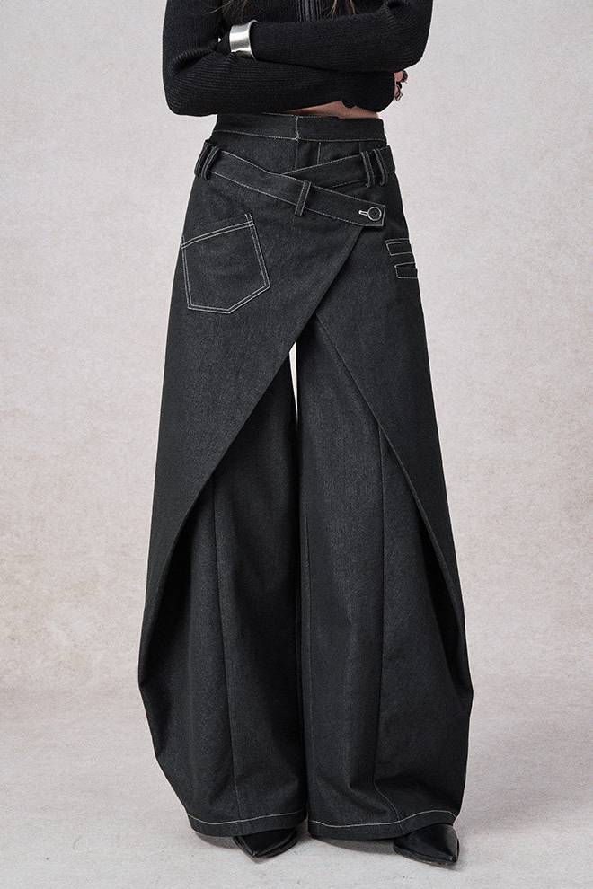 Wrap Panel Wide Denim Pants