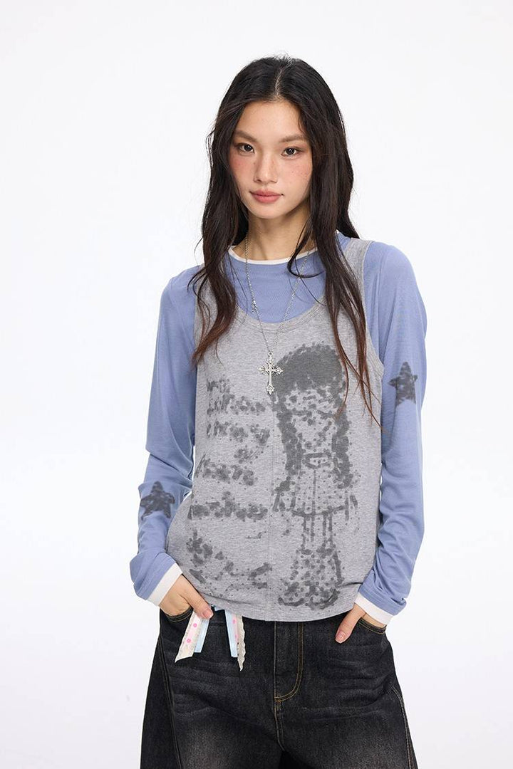 Mesh Sleeve Graphic Top