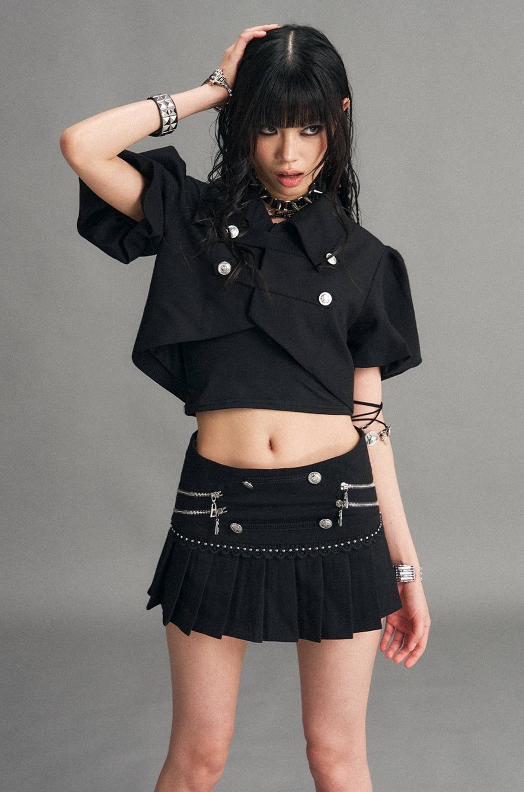 Zip Detail Pleated Mini Skirt
