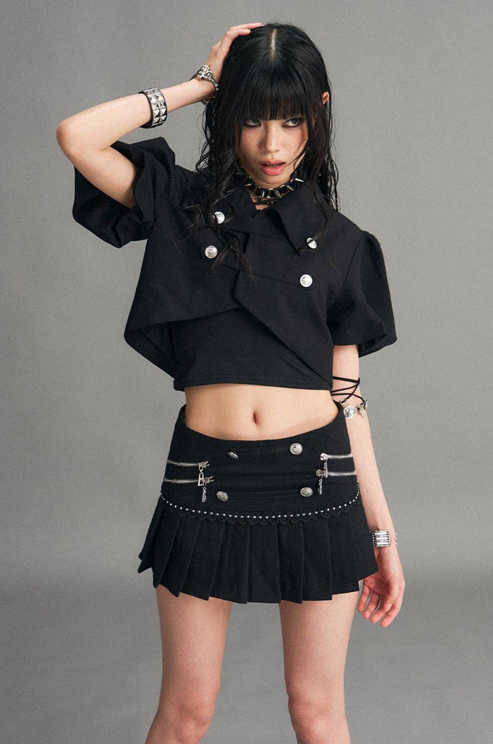 Zip Detail Pleated Mini Skirt