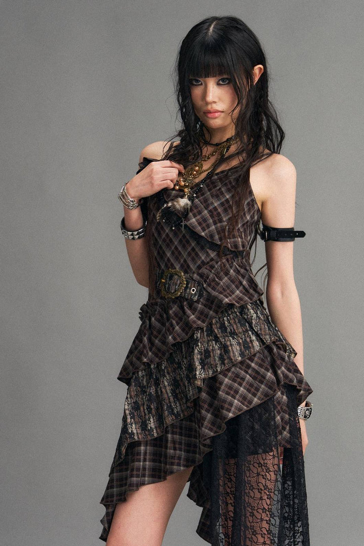 Asymmetric Plaid Mini Dress