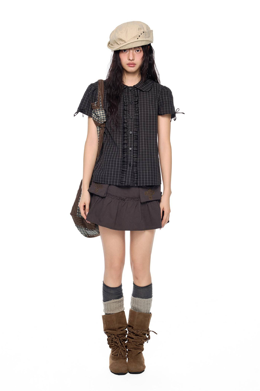 Plaid Bow Sleeve Blouse