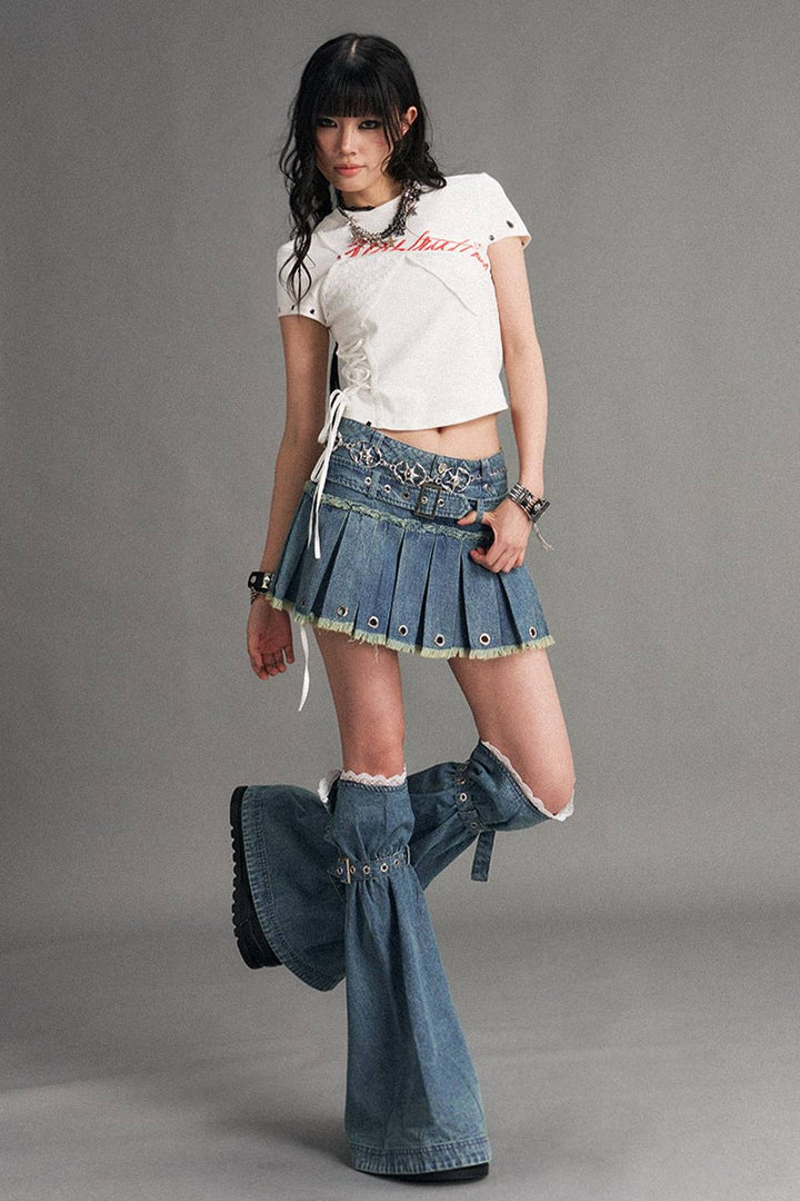 Pleated Denim Mini Skirt