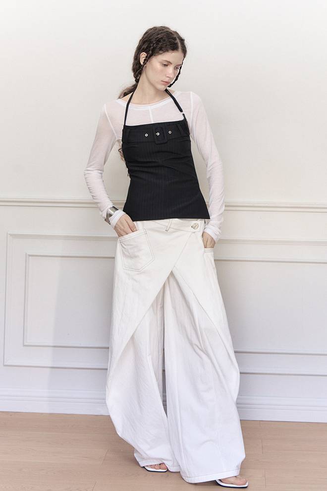 Wrap Panel Wide Denim Pants