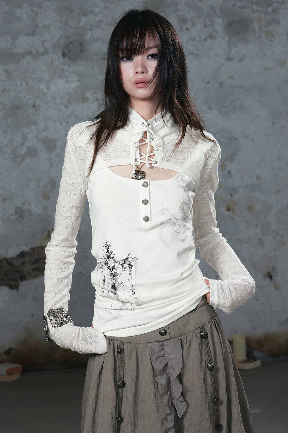 Lace Sleeve Cutout Top