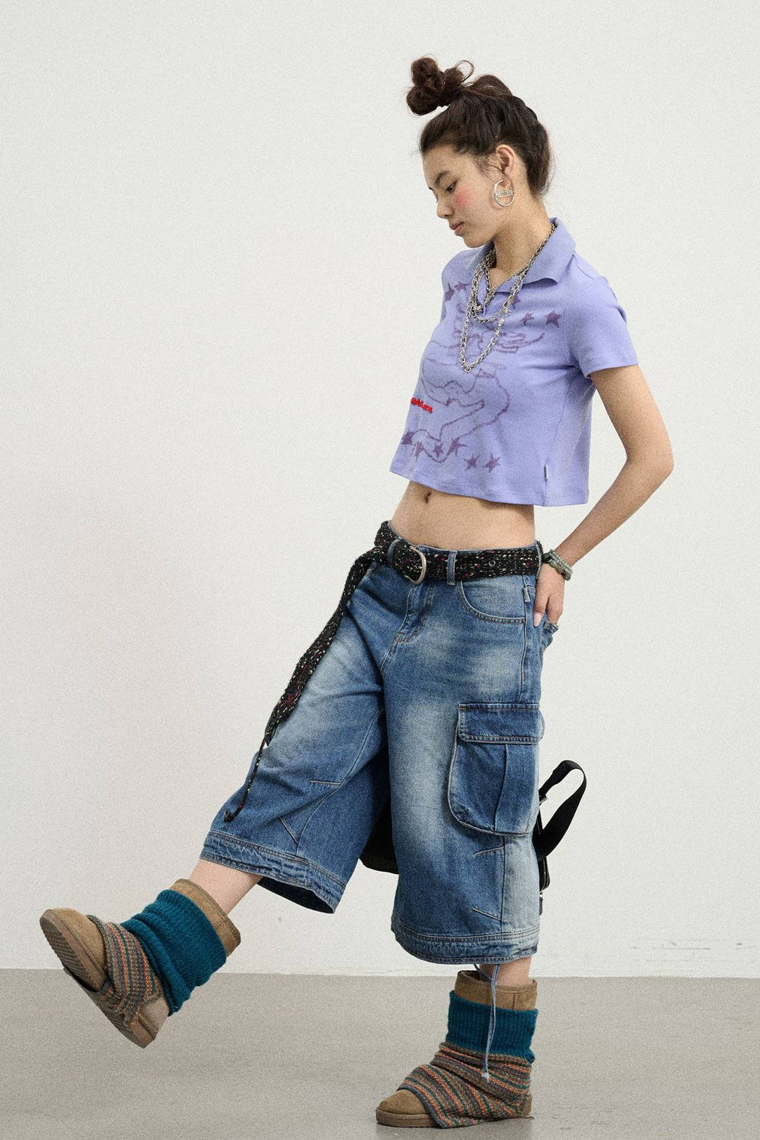 Washed Cargo Denim Shorts