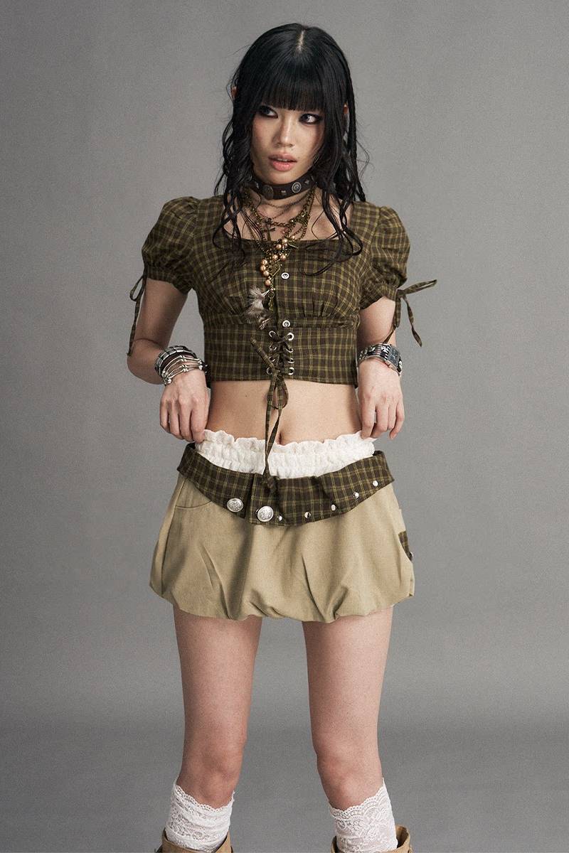 Plaid Lace Up Crop Top