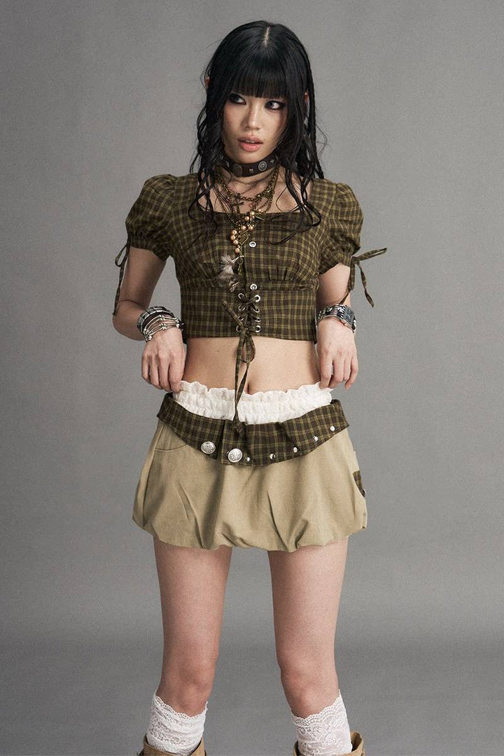 Plaid Lace Up Crop Top