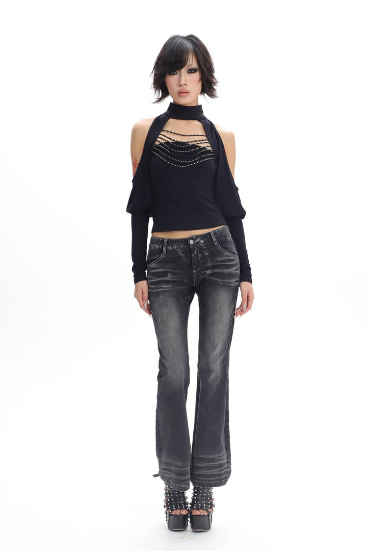 Cutout Rhinestone Fitted Top
