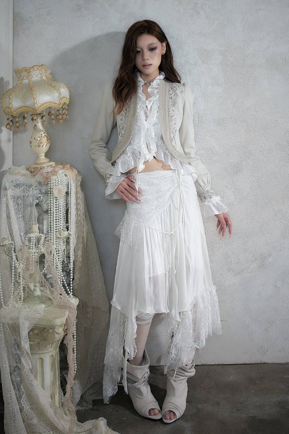 Asymmetric Lace Midi Skirt