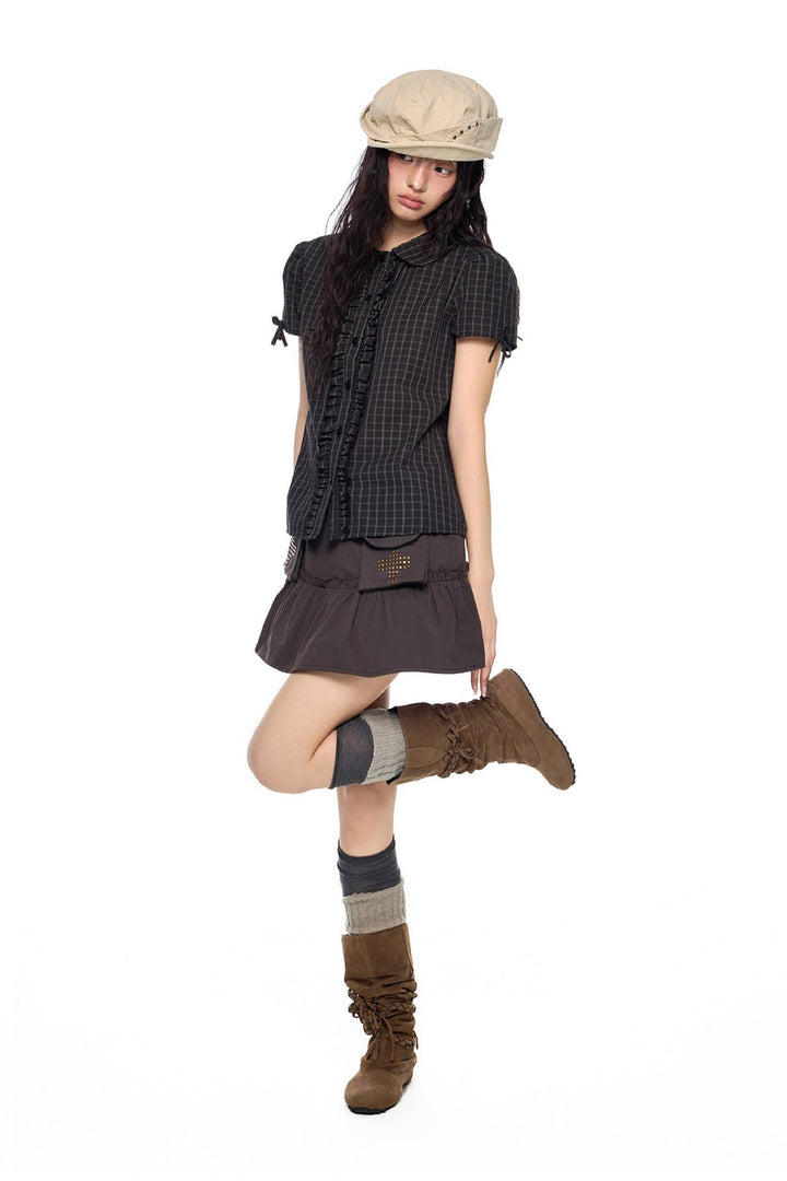 Plaid Bow Sleeve Blouse