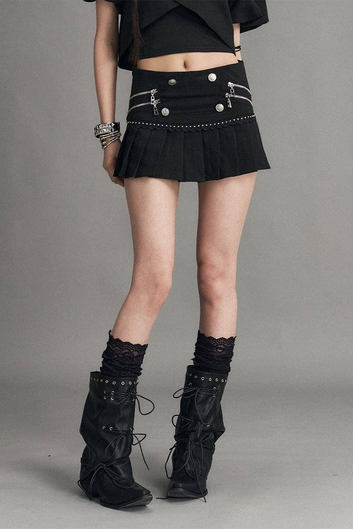 Zip Detail Pleated Mini Skirt