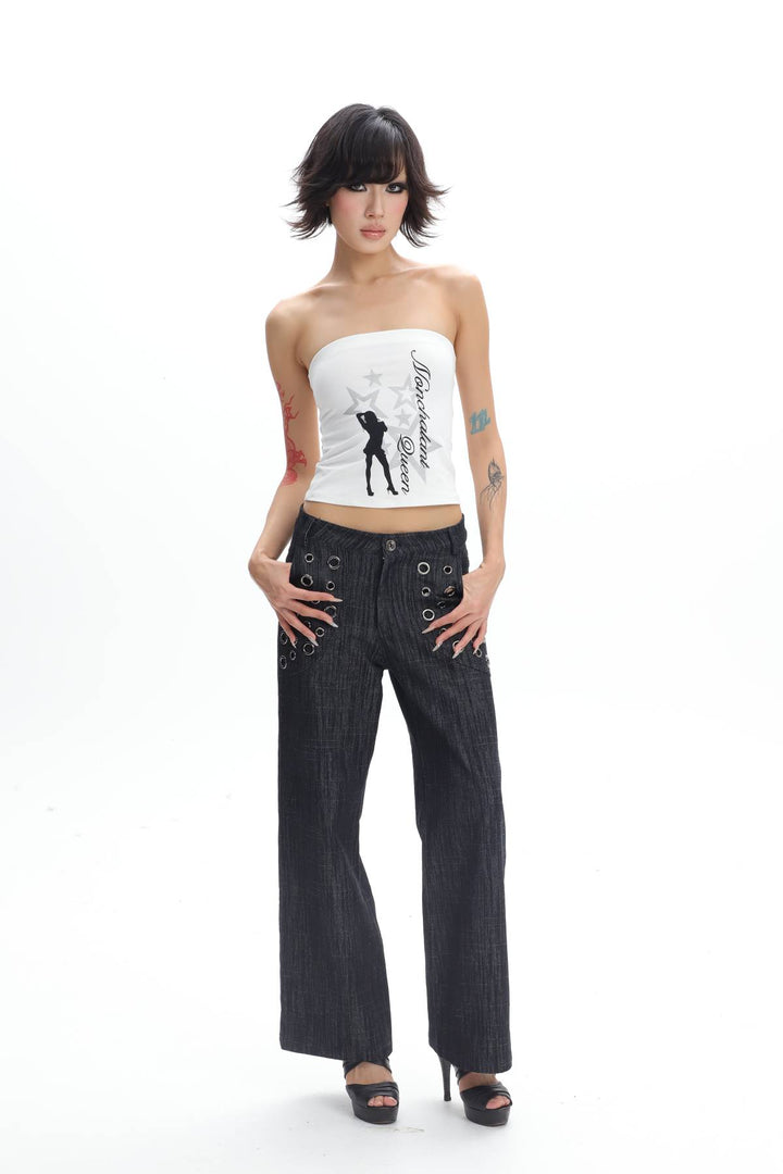 Eyelet Detail Straight Jeans