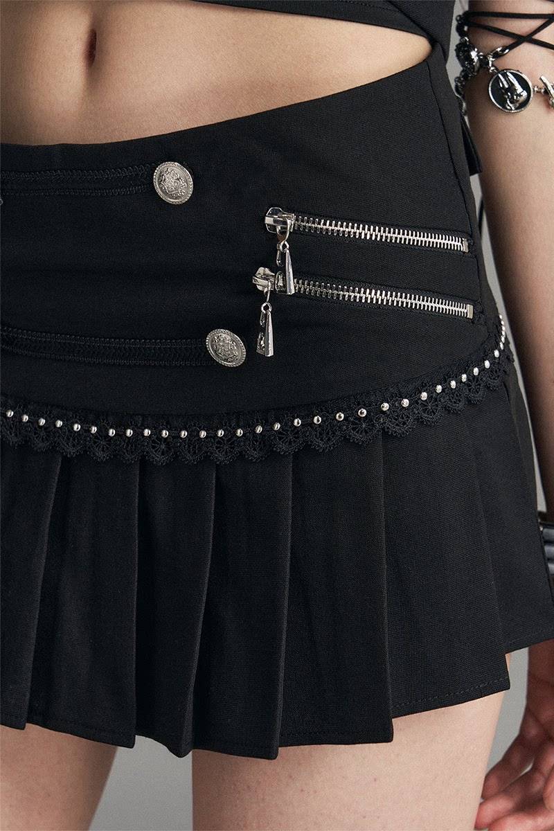 Zip Detail Pleated Mini Skirt