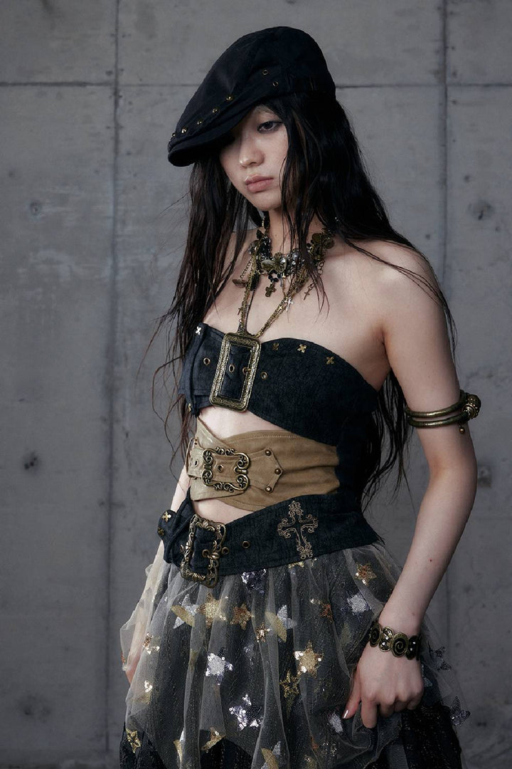 Cross Embroidered Buckle Top