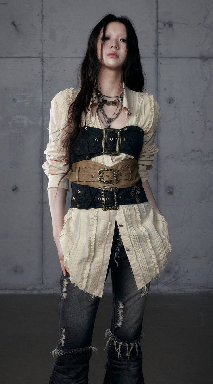 Cross Embroidered Buckle Top