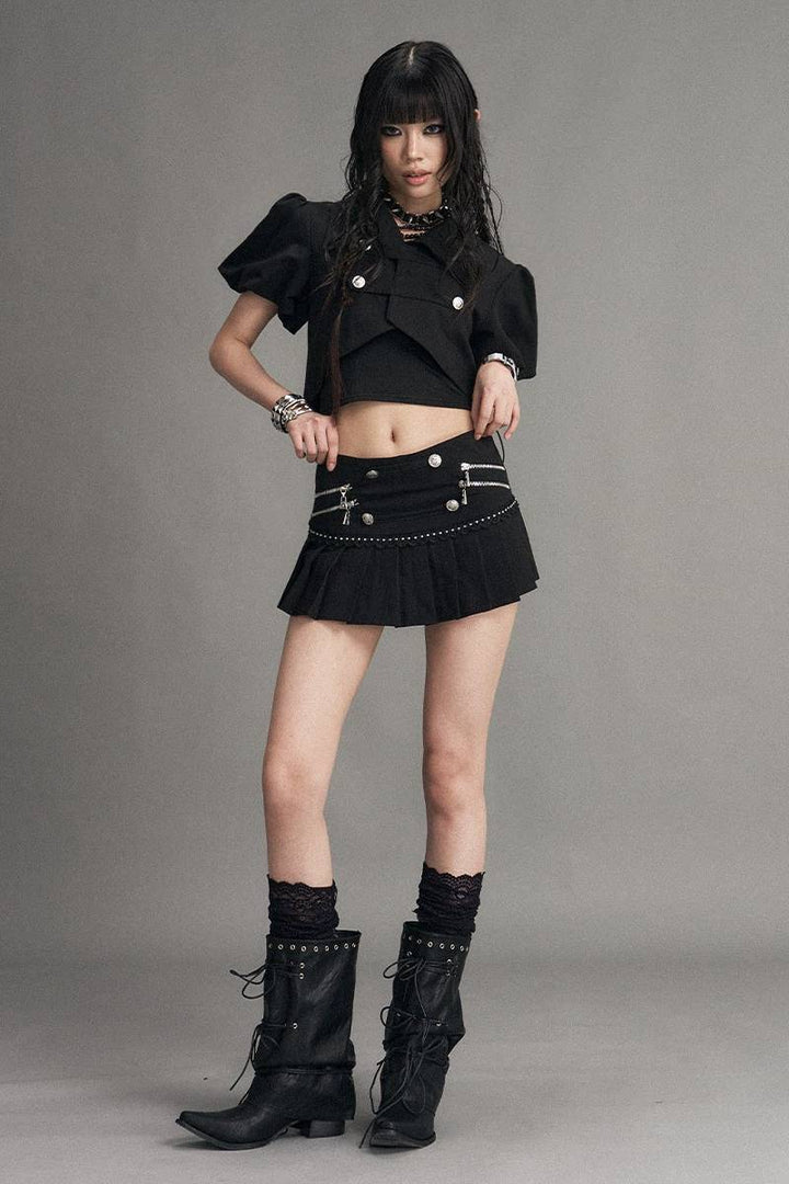 Zip Detail Pleated Mini Skirt