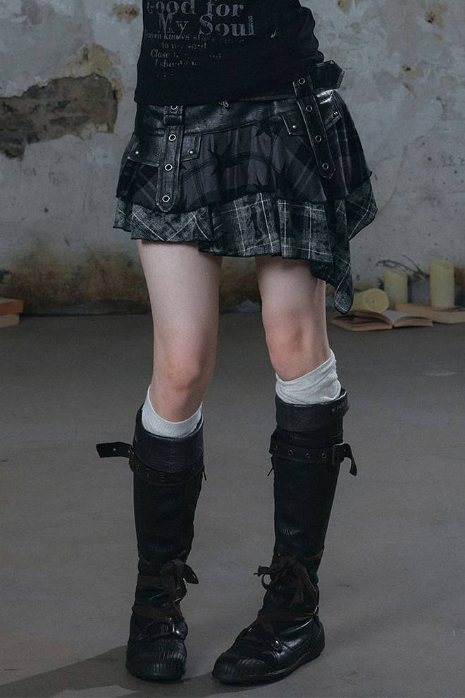 Plaid Asymmetric Mini Skirt