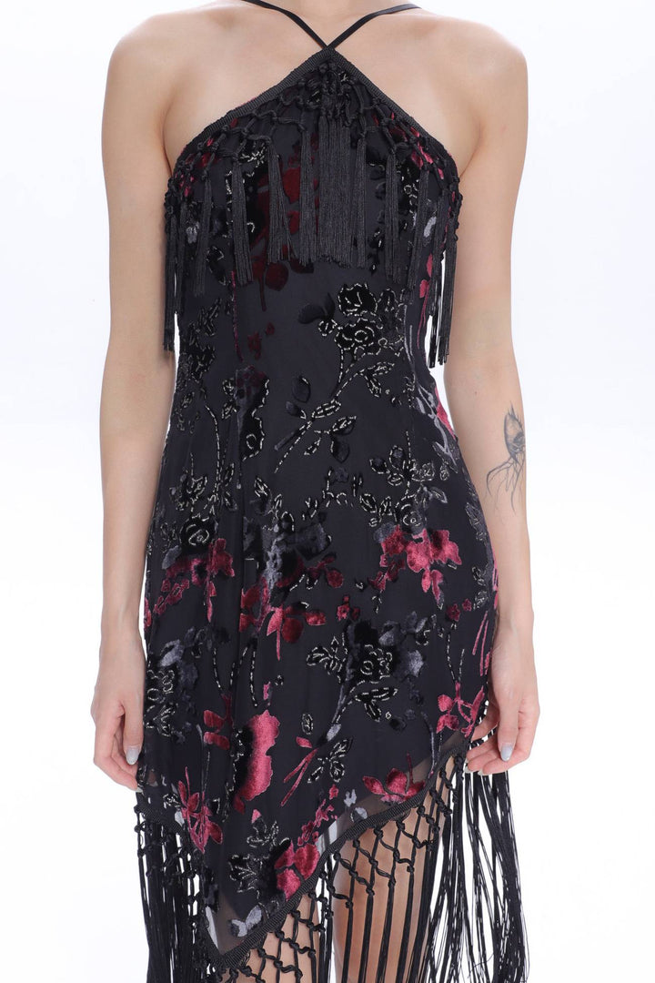 Floral Fringe Halter Dress
