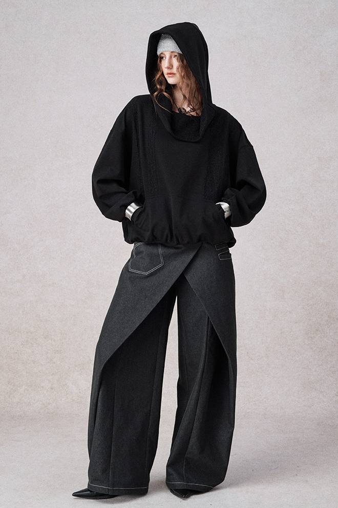 Wrap Panel Wide Denim Pants