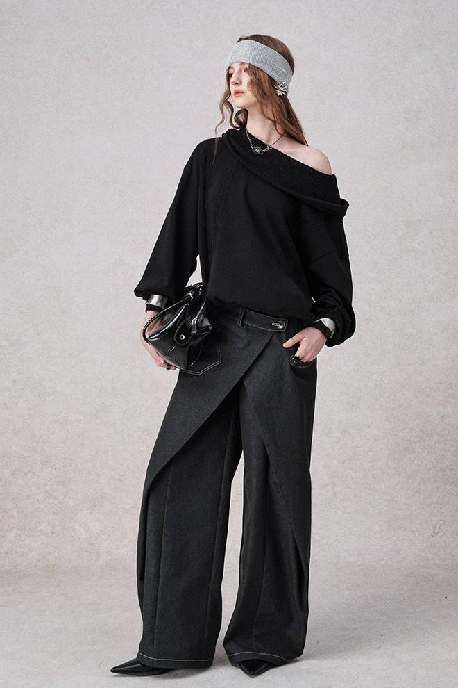 Wrap Panel Wide Denim Pants