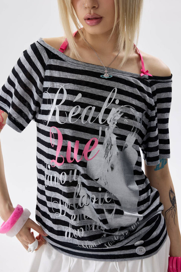 Asymmetric Striped Graphic Top