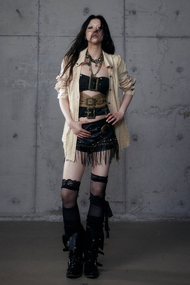 Cross Embroidered Buckle Top