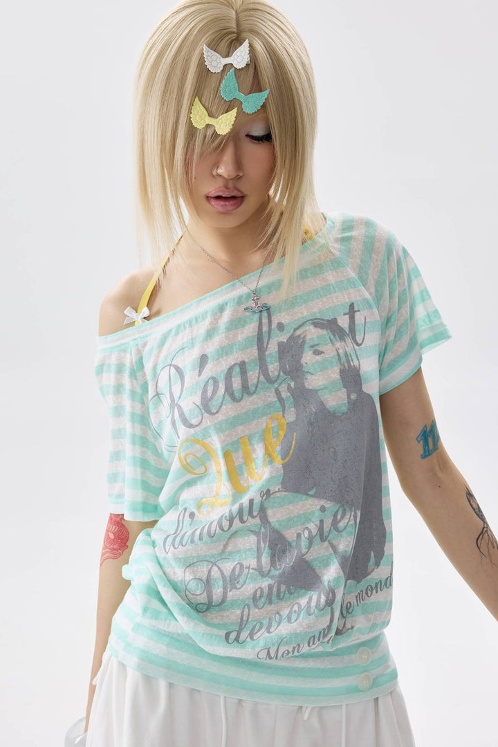 Asymmetric Striped Graphic Top
