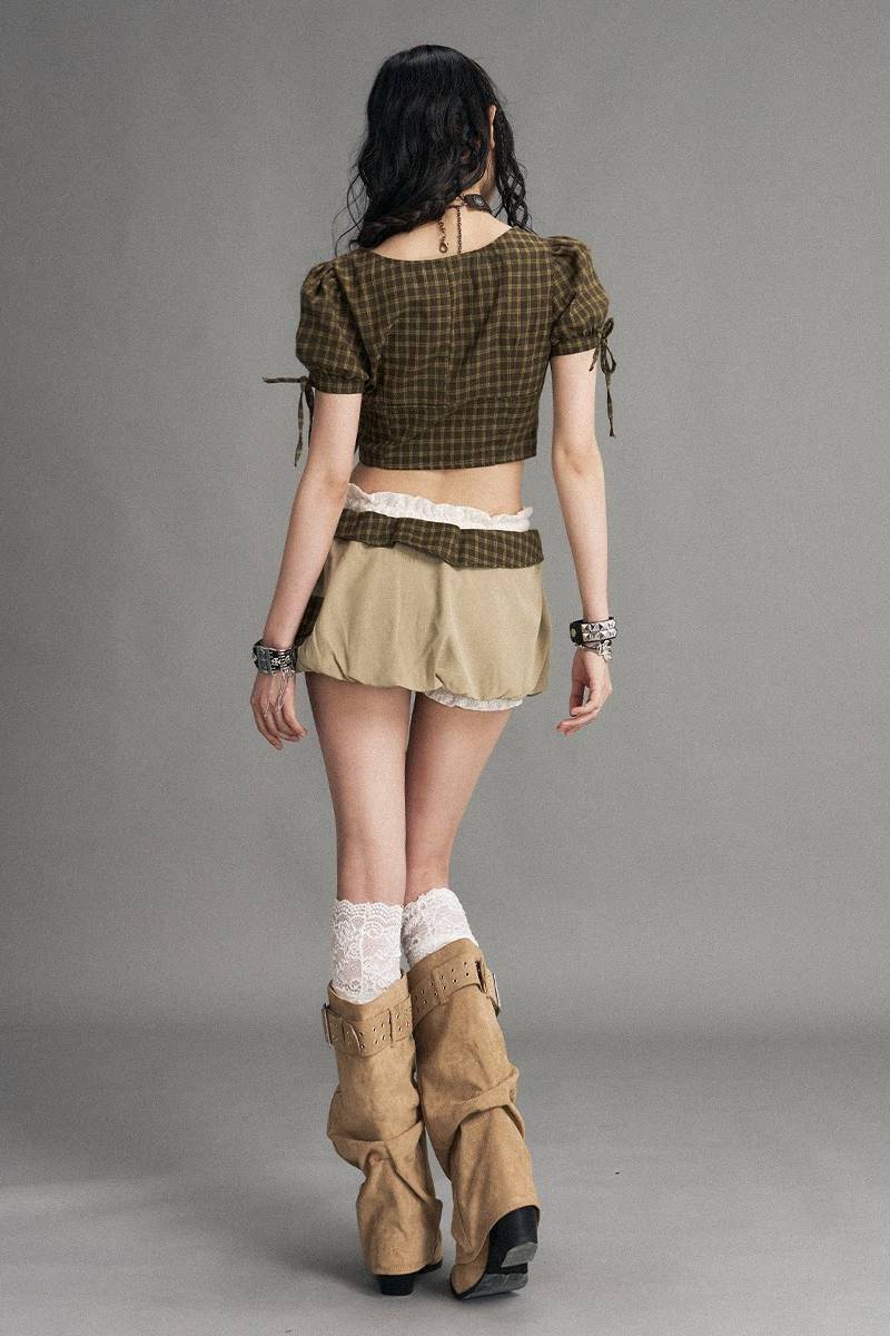 Plaid Waist Bubble Skirt