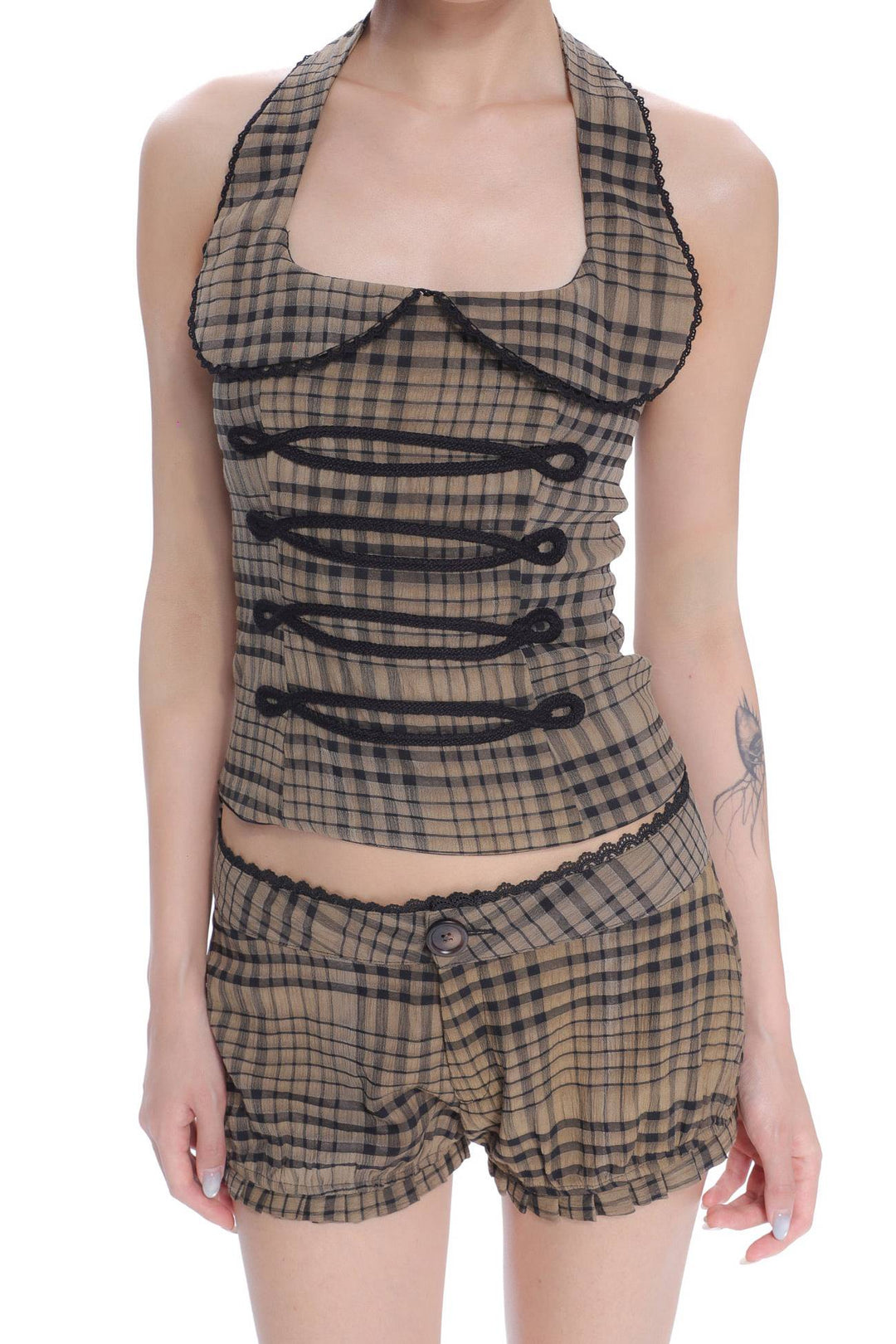 Camel Plaid Mini Shorts